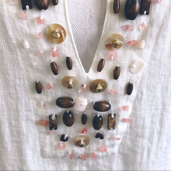 SHARON YOUNG - JEWELED - V NECKLINE - 3/4 SLEEVES LINEN BOHO BEADED BLOUSE B14 - Picture 3 of 10